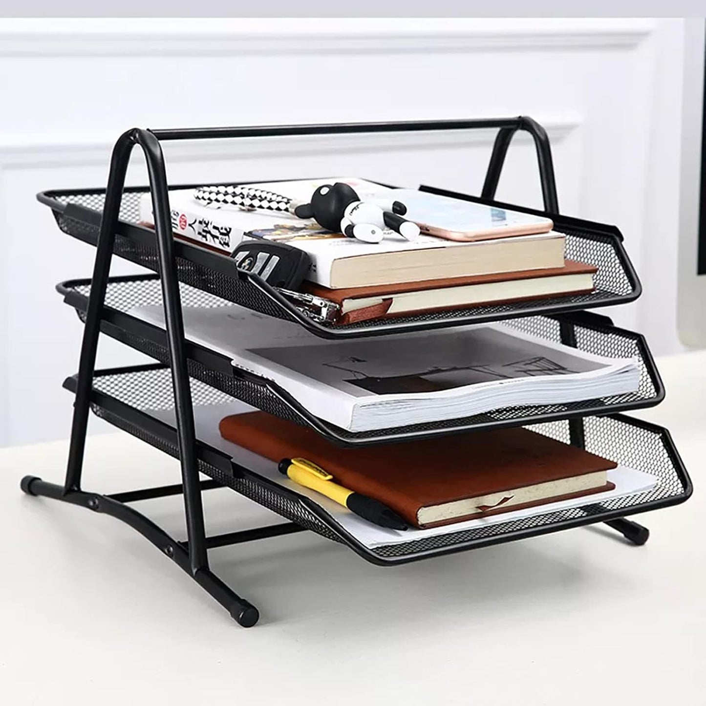 Detectalia Black 3 Tier A4 File Organiser Tray Office Cabinet File Folder Computer Desk Drawer Organizer Black Metal Mesh Material