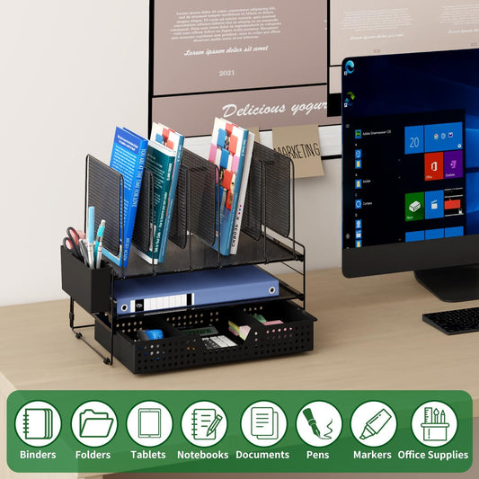 LEKETREE Desk Organizer, Office Organization with Vertical File Holder, File Organizer with Drawer and Pen Holder, Desk Accessories and Workspace Organizers for Home Office (Black)
