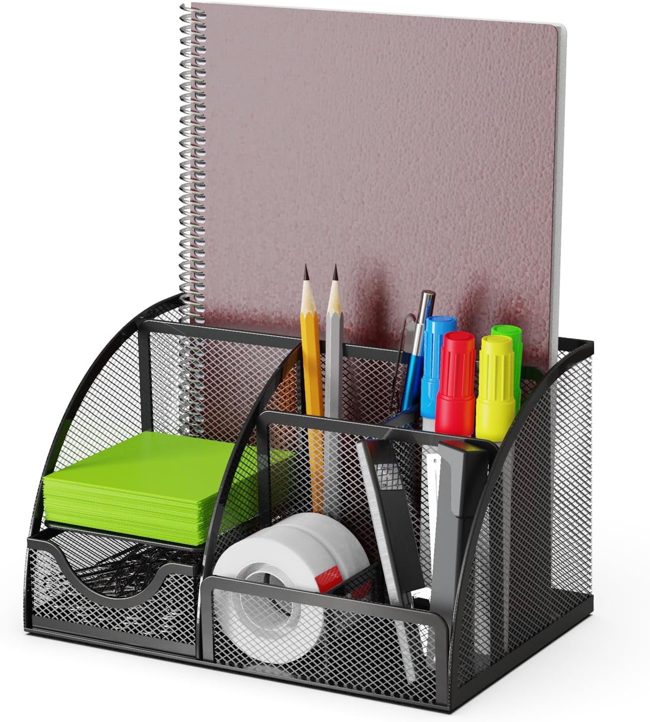 Detectalia Desk Organizer and Pencil Holder with Metal Mesh Drawer and 6 Compartments, Black - Multifunction Pen Organizer for Pens, Notes and Staplers for Office and Home