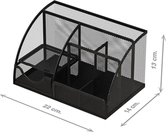 Detectalia Desk Organizer and Pencil Holder with Metal Mesh Drawer and 6 Compartments, Black - Multifunction Pen Organizer for Pens, Notes and Staplers for Office and Home