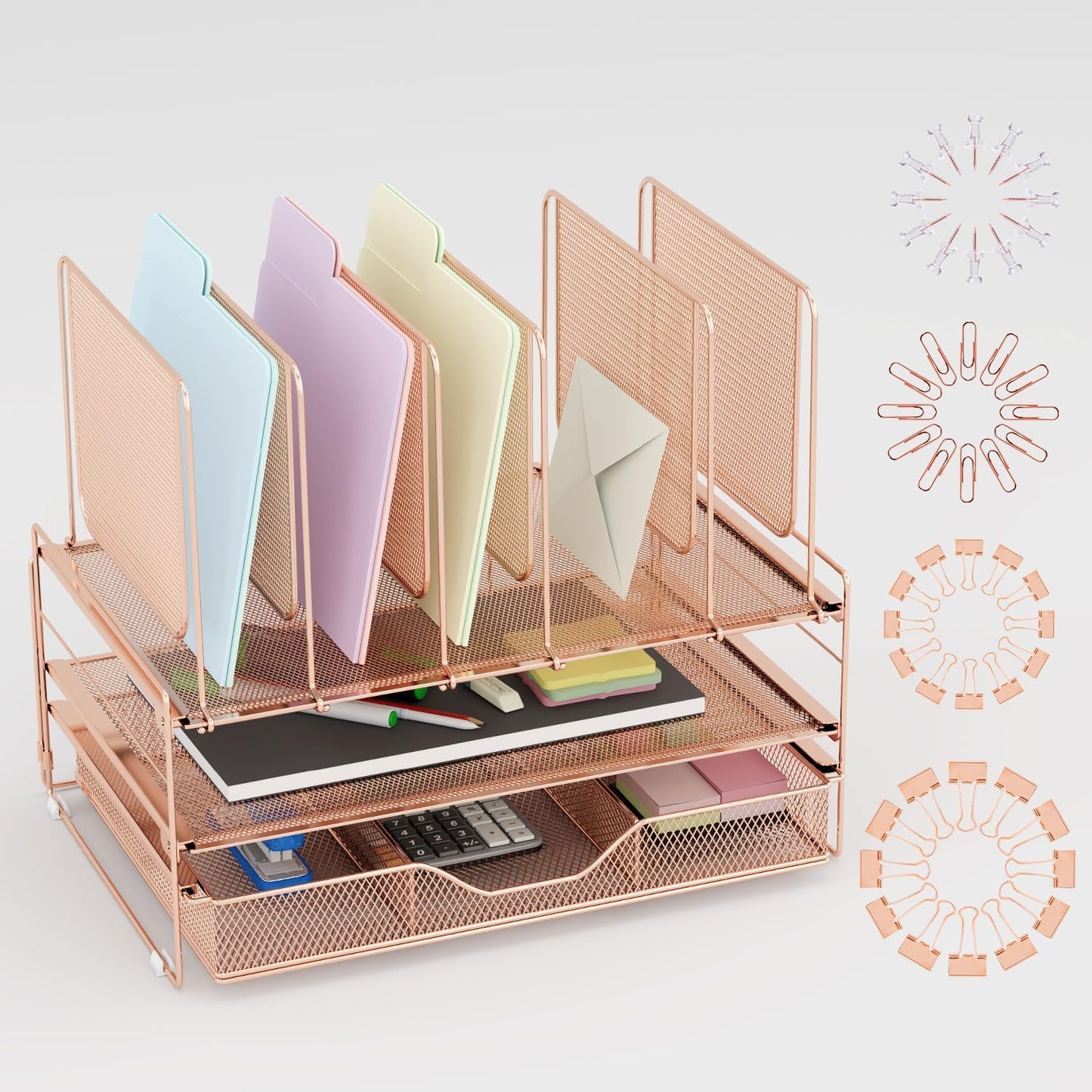 LEKETREE Desk Organizer, Office Organization with Vertical File Holder, File Organizer with Drawer and Pen Holder, Desk Accessories and Workspace Organizers for Home Office (Black)