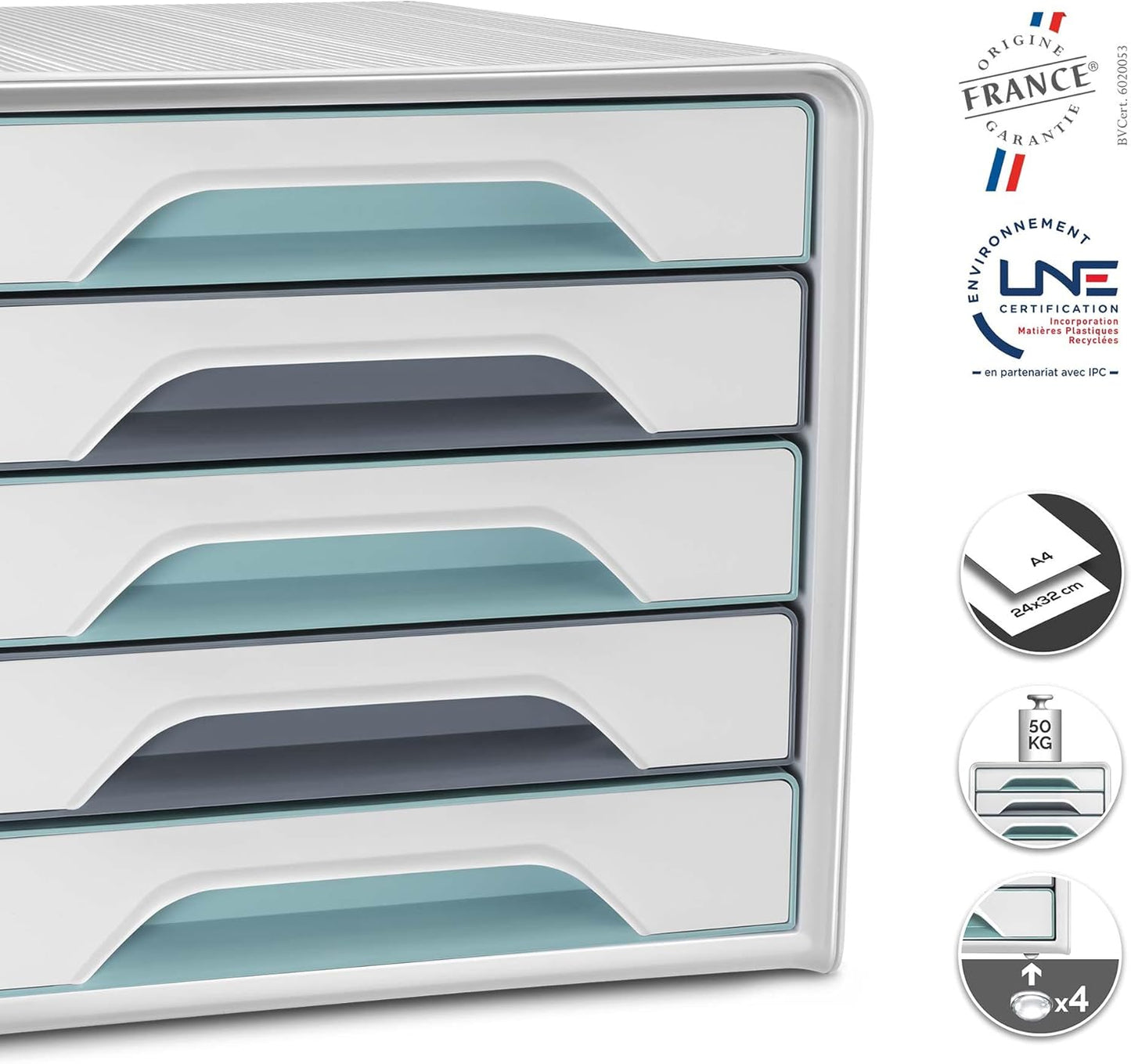 CEP Smoove Riviera 5 Drawer Filing Unit Organiser - Water Green/Storm Grey