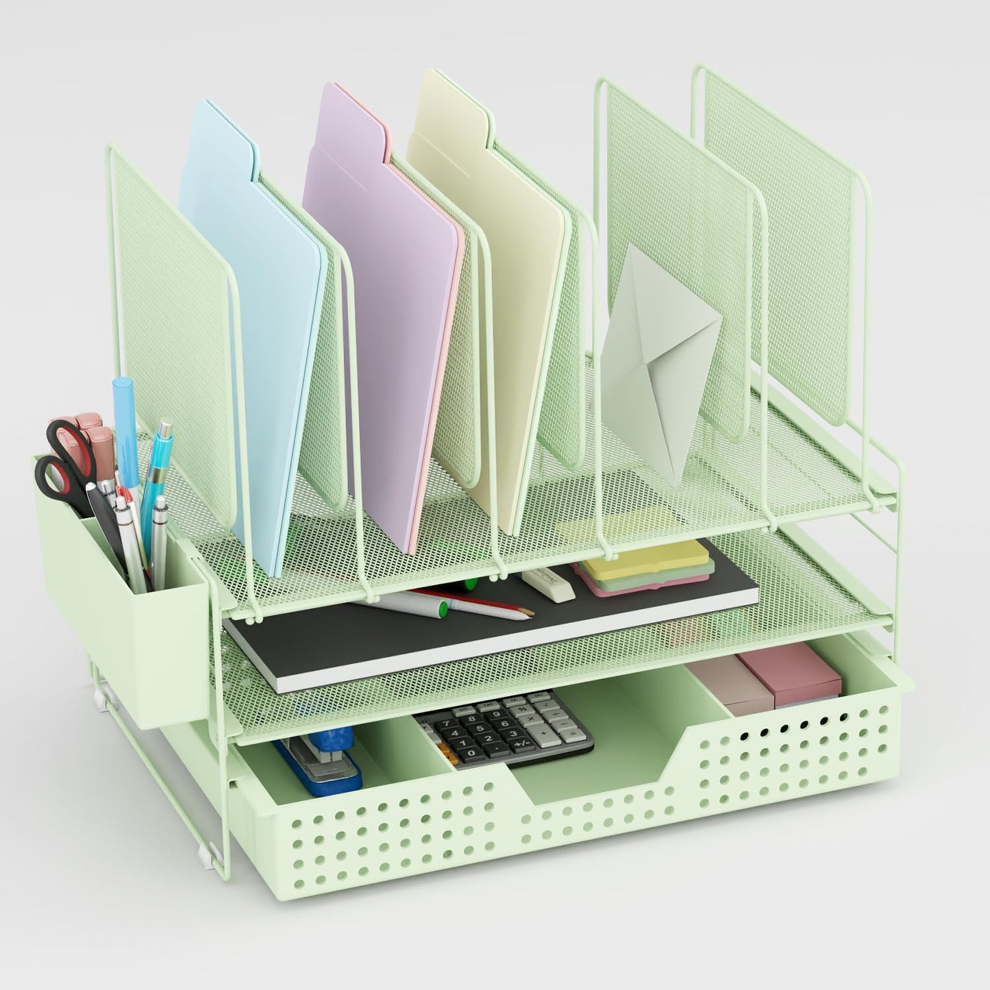LEKETREE Desk Organizer, Office Organization with Vertical File Holder, File Organizer with Drawer and Pen Holder, Desk Accessories and Workspace Organizers for Home Office (Black)