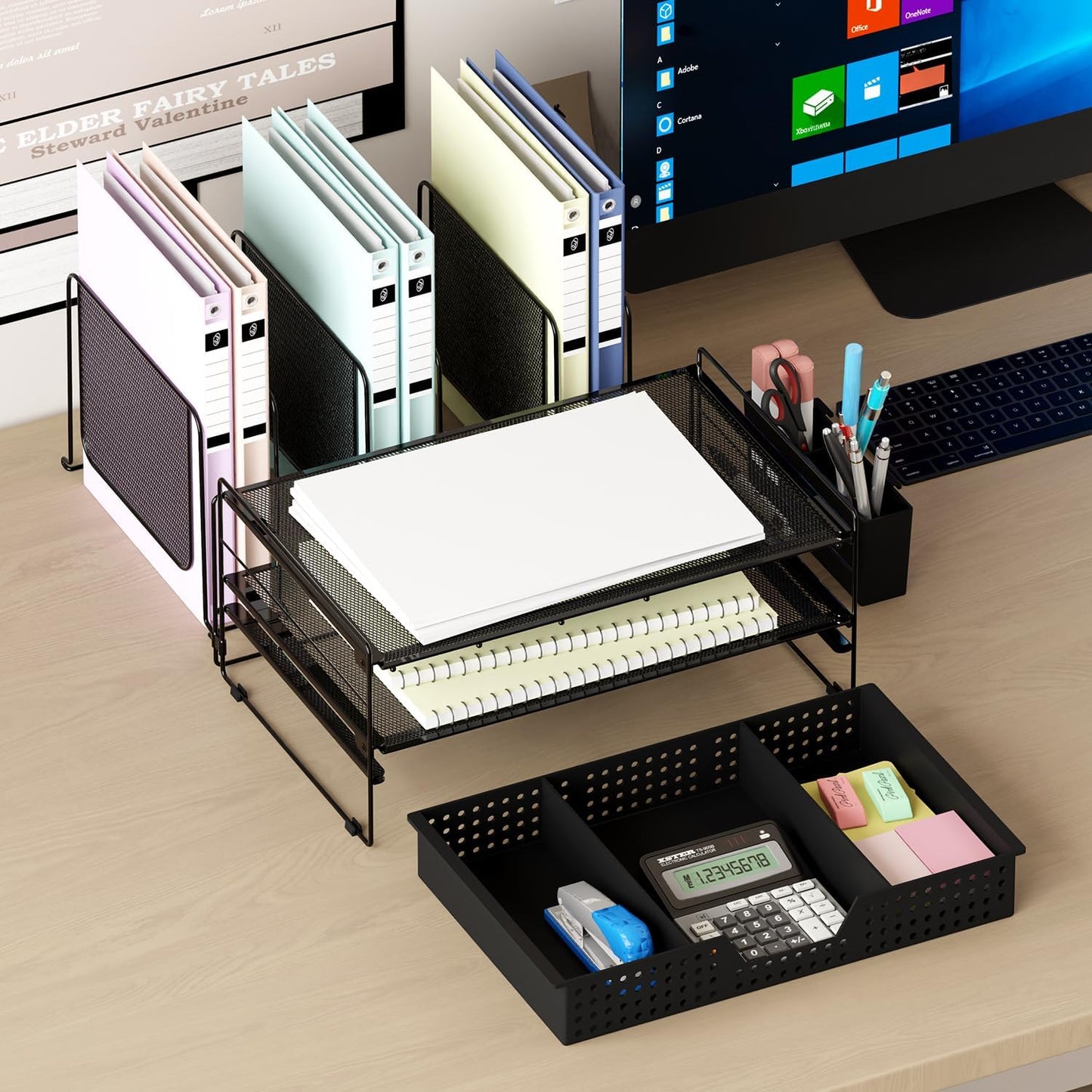 LEKETREE Desk Organizer, Office Organization with Vertical File Holder, File Organizer with Drawer and Pen Holder, Desk Accessories and Workspace Organizers for Home Office (Black)