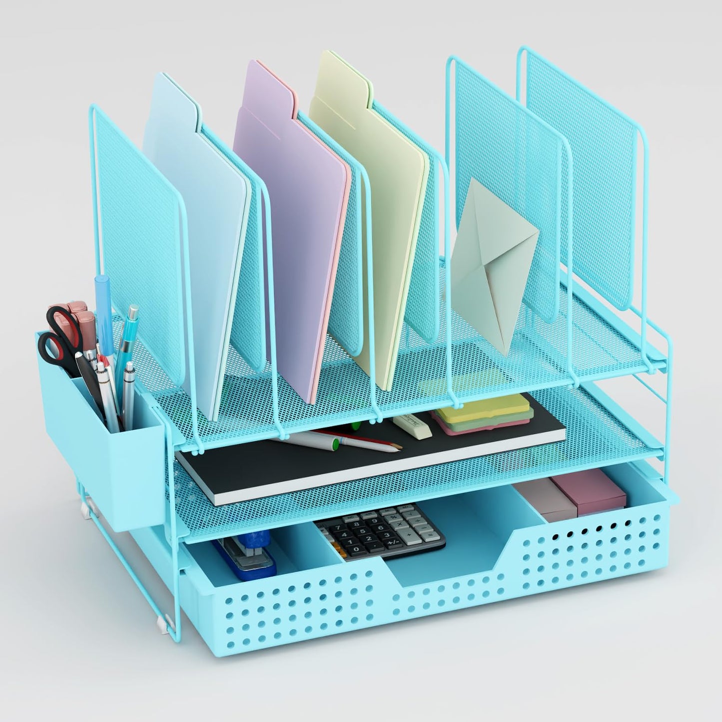 LEKETREE Desk Organizer, Office Organization with Vertical File Holder, File Organizer with Drawer and Pen Holder, Desk Accessories and Workspace Organizers for Home Office (Black)