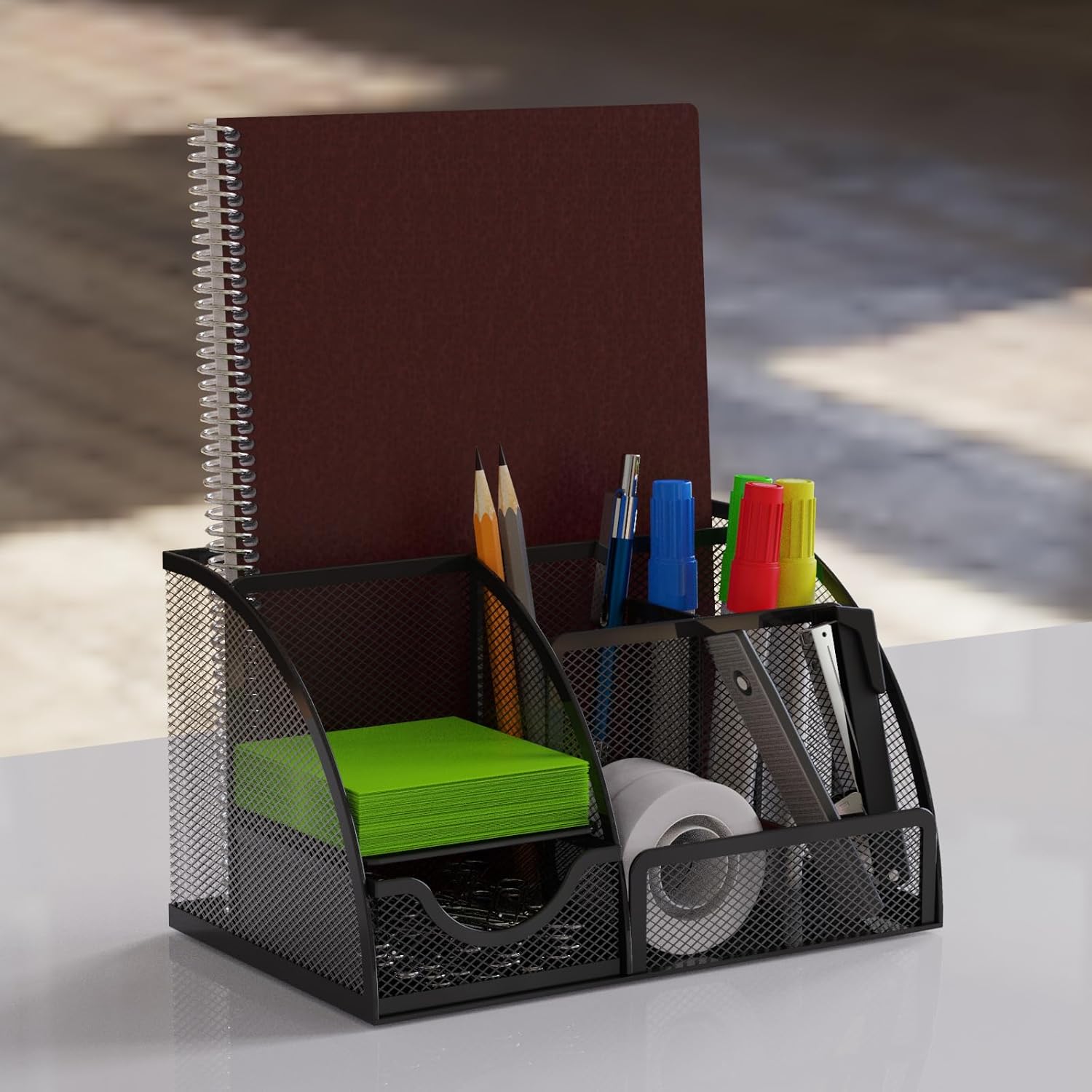 Detectalia Desk Organizer and Pencil Holder with Metal Mesh Drawer and 6 Compartments, Black - Multifunction Pen Organizer for Pens, Notes and Staplers for Office and Home