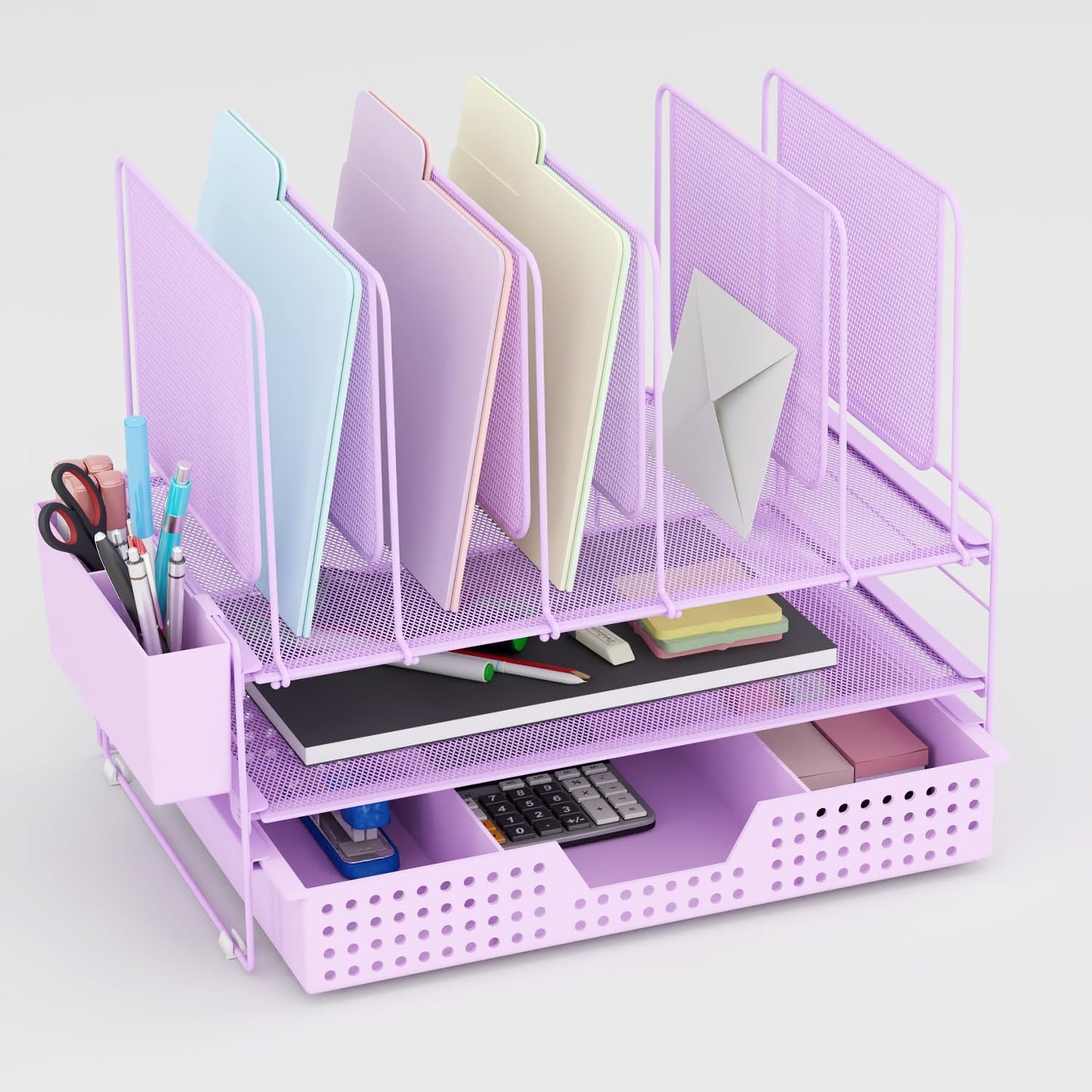 LEKETREE Desk Organizer, Office Organization with Vertical File Holder, File Organizer with Drawer and Pen Holder, Desk Accessories and Workspace Organizers for Home Office (Black)