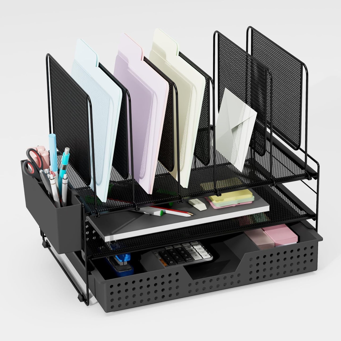 LEKETREE Desk Organizer, Office Organization with Vertical File Holder, File Organizer with Drawer and Pen Holder, Desk Accessories and Workspace Organizers for Home Office (Black)