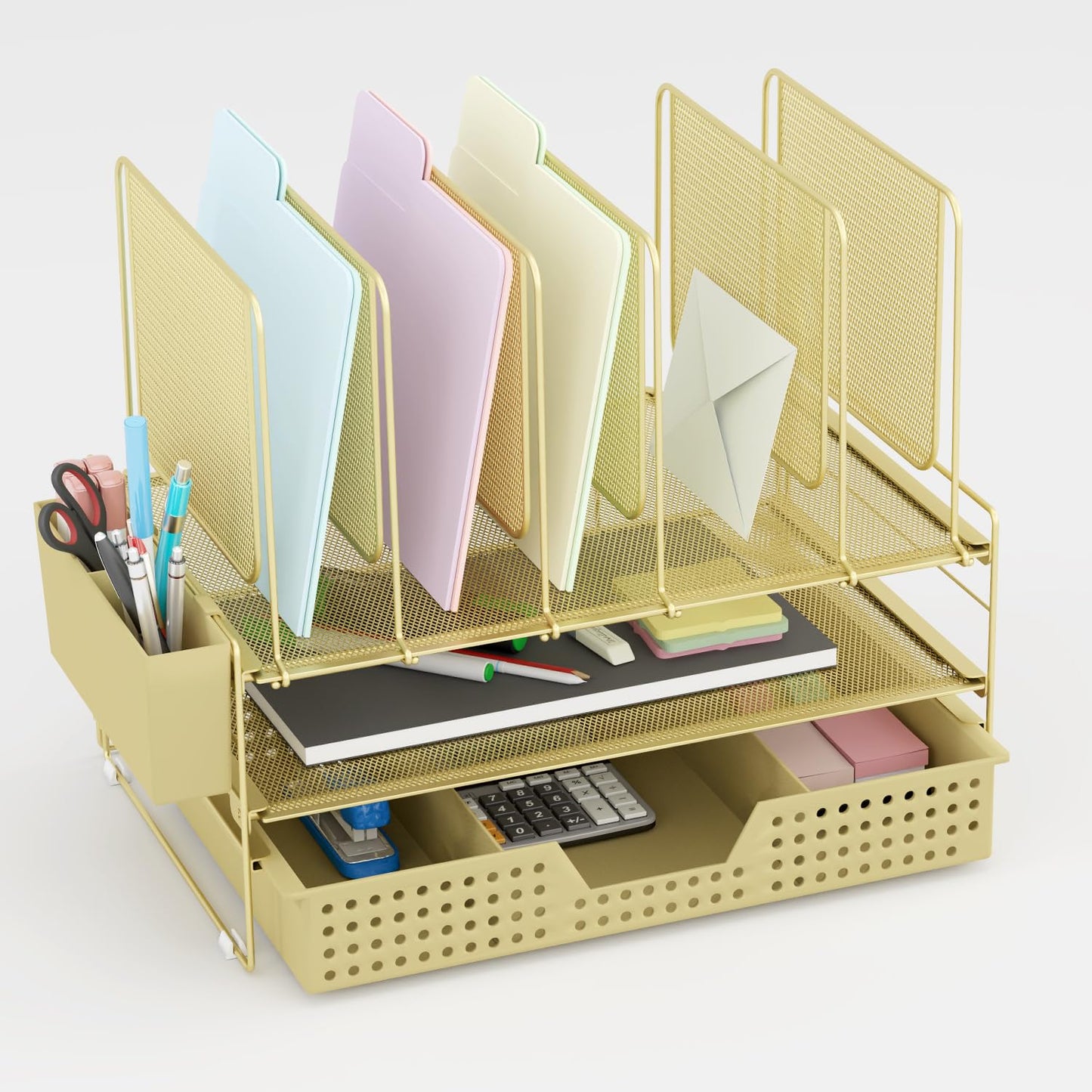 LEKETREE Desk Organizer, Office Organization with Vertical File Holder, File Organizer with Drawer and Pen Holder, Desk Accessories and Workspace Organizers for Home Office (Black)