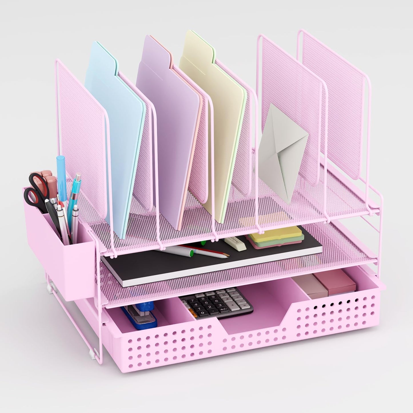 LEKETREE Desk Organizer, Office Organization with Vertical File Holder, File Organizer with Drawer and Pen Holder, Desk Accessories and Workspace Organizers for Home Office (Black)