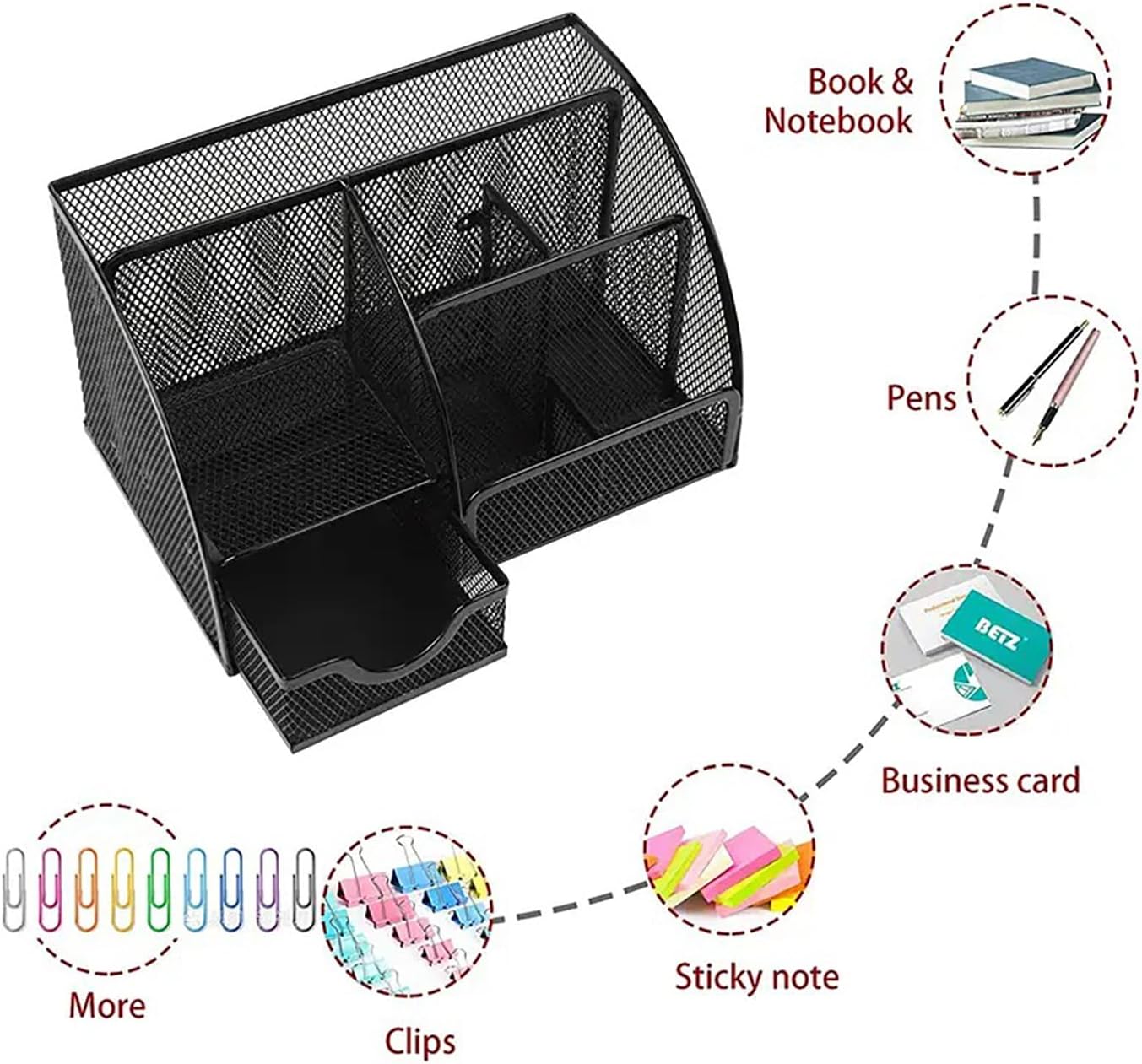 Detectalia Desk Organizer and Pencil Holder with Metal Mesh Drawer and 6 Compartments, Black - Multifunction Pen Organizer for Pens, Notes and Staplers for Office and Home