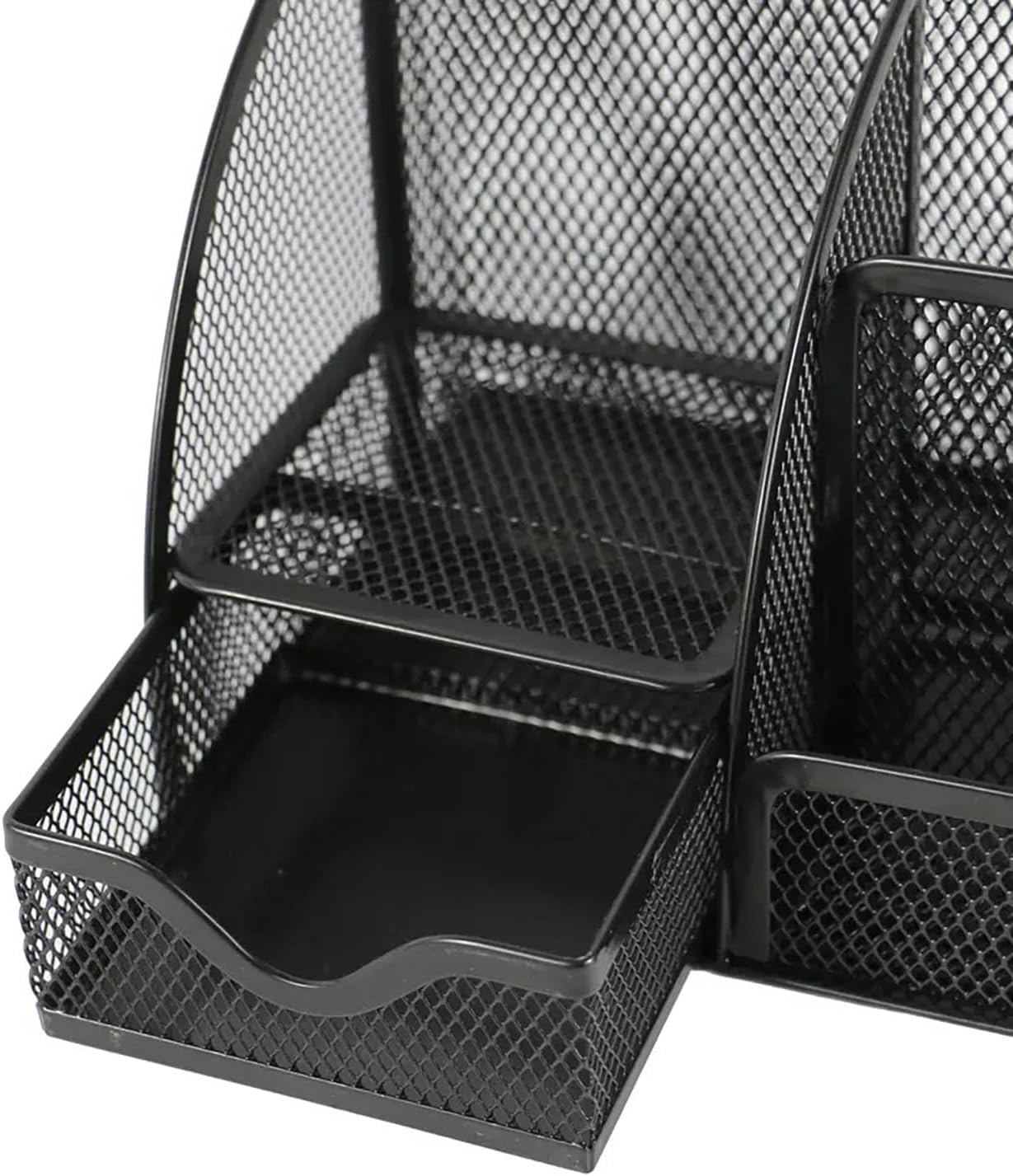 Detectalia Desk Organizer and Pencil Holder with Metal Mesh Drawer and 6 Compartments, Black - Multifunction Pen Organizer for Pens, Notes and Staplers for Office and Home
