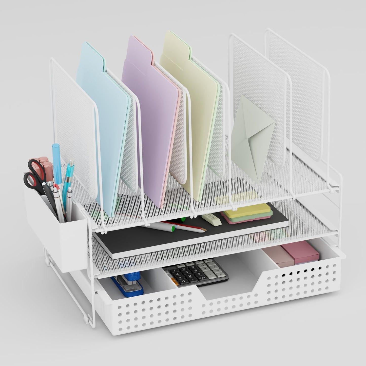 LEKETREE Desk Organizer, Office Organization with Vertical File Holder, File Organizer with Drawer and Pen Holder, Desk Accessories and Workspace Organizers for Home Office (Black)