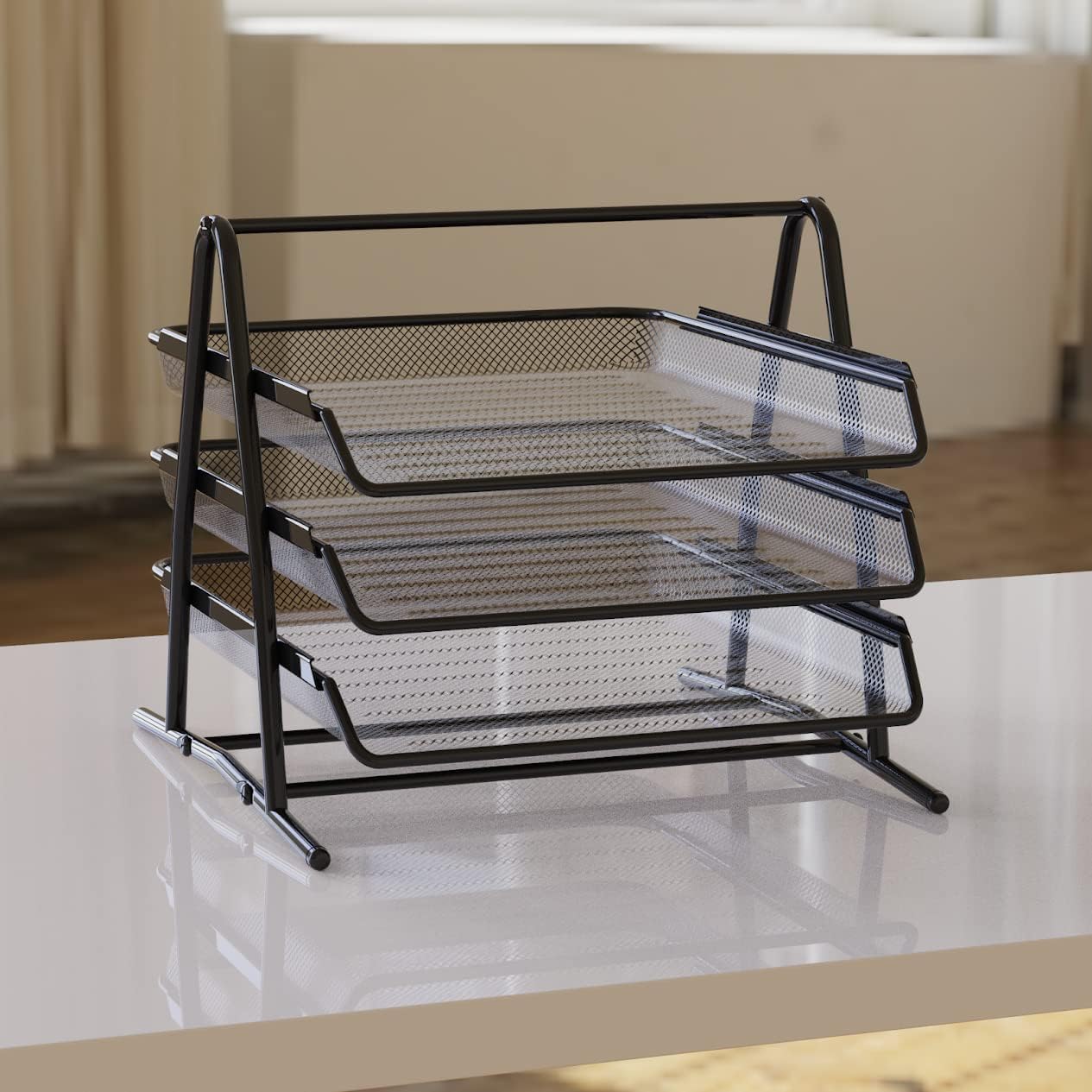 Detectalia Black 3 Tier A4 File Organiser Tray Office Cabinet File Folder Computer Desk Drawer Organizer Black Metal Mesh Material