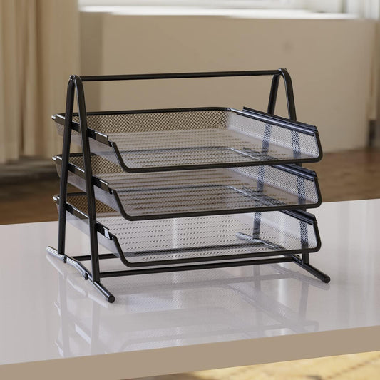 Detectalia Black 3 Tier A4 File Organiser Tray Office Cabinet File Folder Computer Desk Drawer Organizer Black Metal Mesh Material