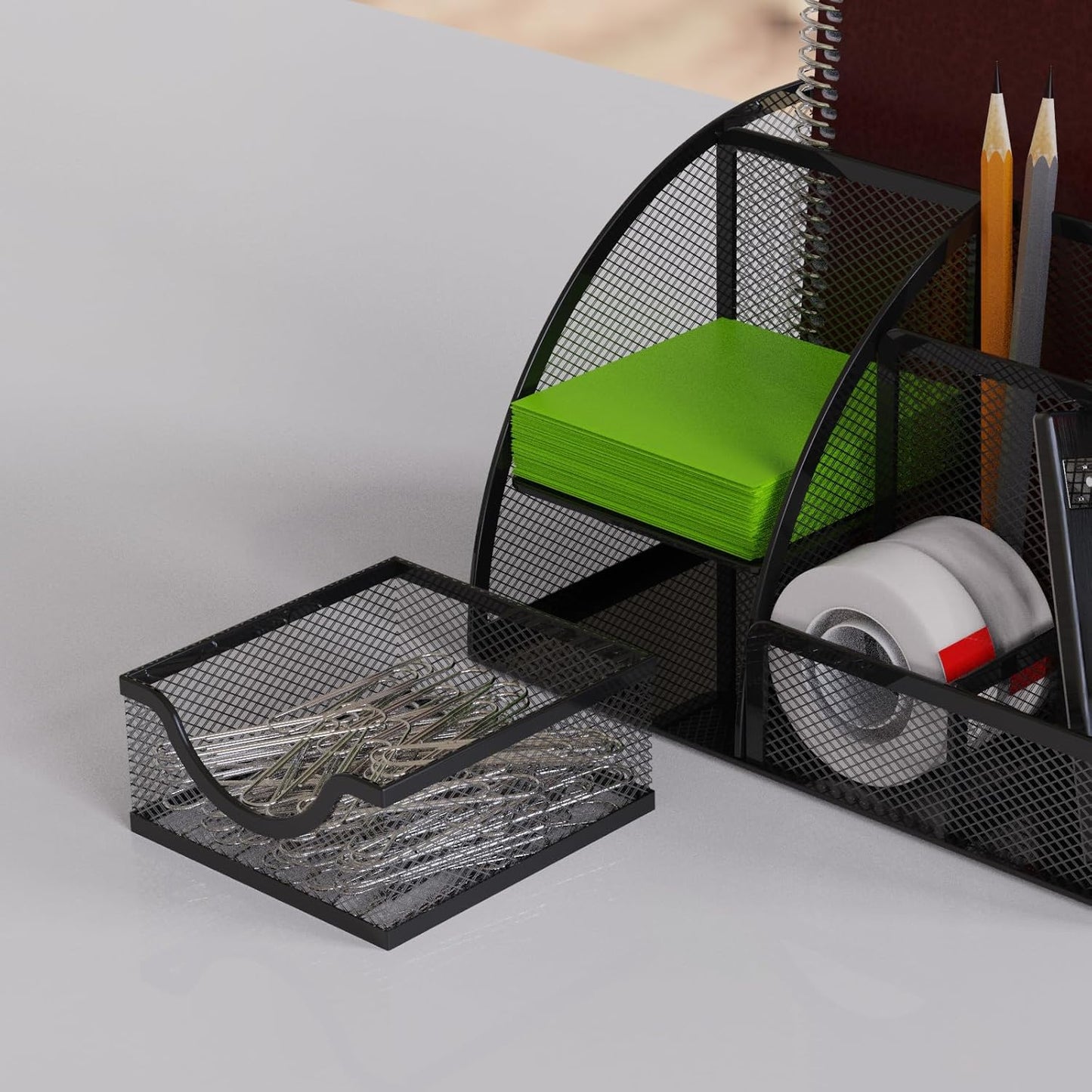 Detectalia Desk Organizer and Pencil Holder with Metal Mesh Drawer and 6 Compartments, Black - Multifunction Pen Organizer for Pens, Notes and Staplers for Office and Home