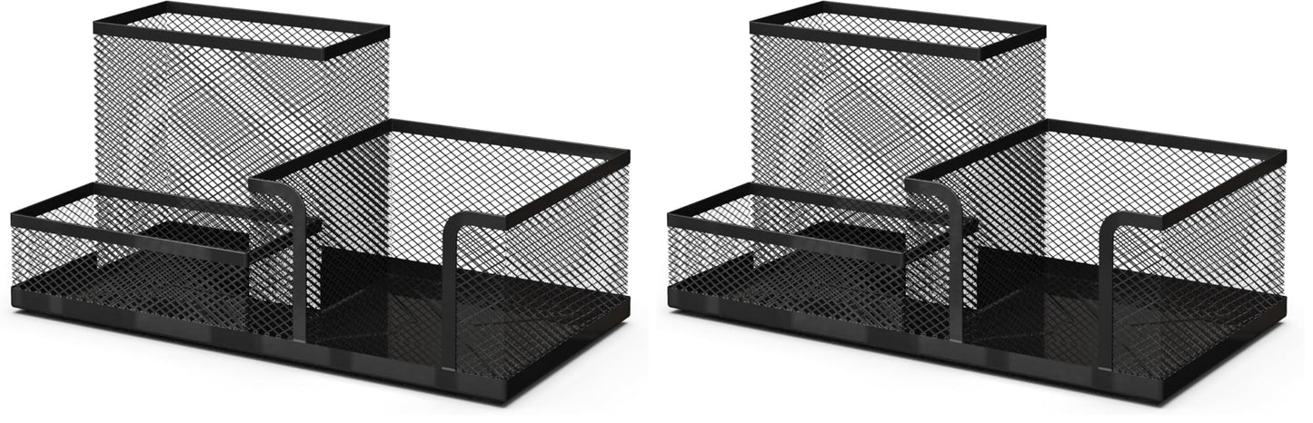 Detectalia Desk Organizer and Pencil Holder with Metal Mesh Drawer and 6 Compartments, Black - Multifunction Pen Organizer for Pens, Notes and Staplers for Office and Home
