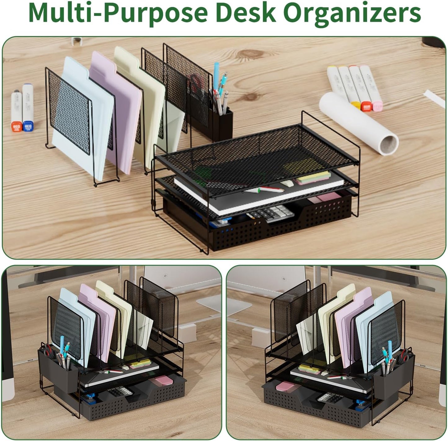 LEKETREE Desk Organizer, Office Organization with Vertical File Holder, File Organizer with Drawer and Pen Holder, Desk Accessories and Workspace Organizers for Home Office (Black)
