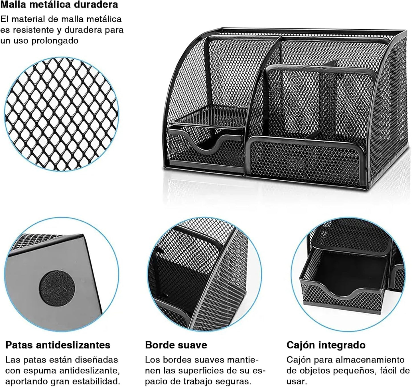 Detectalia Desk Organizer and Pencil Holder with Metal Mesh Drawer and 6 Compartments, Black - Multifunction Pen Organizer for Pens, Notes and Staplers for Office and Home