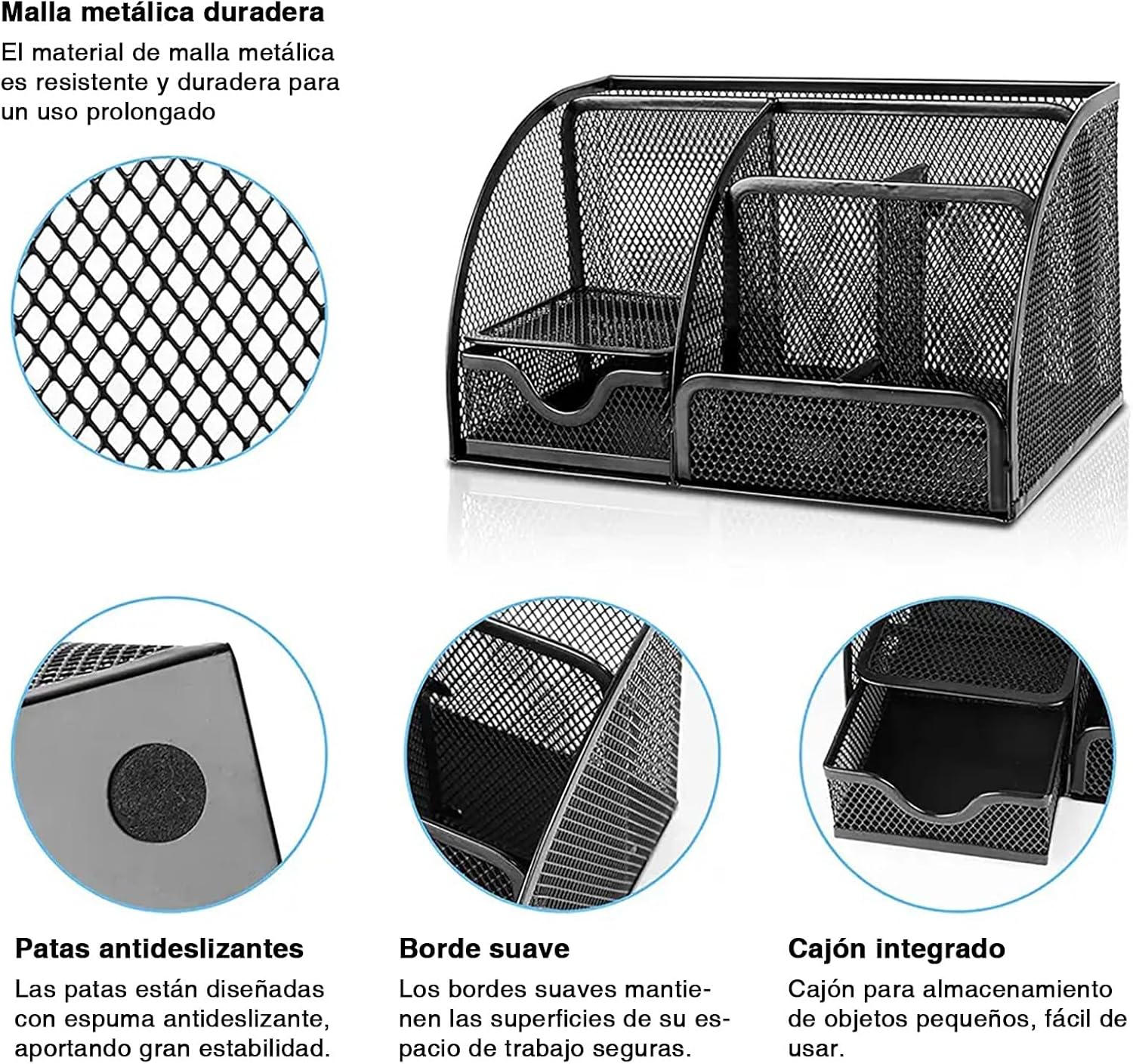 Detectalia Desk Organizer and Pencil Holder with Metal Mesh Drawer and 6 Compartments, Black - Multifunction Pen Organizer for Pens, Notes and Staplers for Office and Home