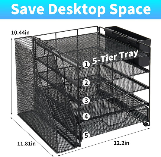 Desk Organizers and Accessories, 5-Tier Paper Letter Tray Organizer with File Holder, Drawer & Pen Holder, Office Desk Accessories, Desktop Organizer for Classroom Office Supplies, Black